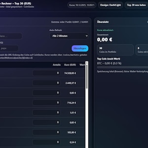 以下が含まれることがあります： 暗い青と黒の画面には、暗号通貨ポートフォリオ計算機が表示されています。インターフェースには、ビットコインやイーサリアムなど、さまざまな暗号通貨のリアルタイムデータが表示され、コインを追加したり、ポートフォリオの詳細を表示したりするオプションがあります。