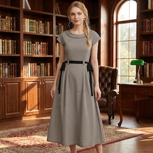 brown plaid button pleated midi dress Reese 3/4 Sleeve Dress Persian Jules Floral / L main image 0