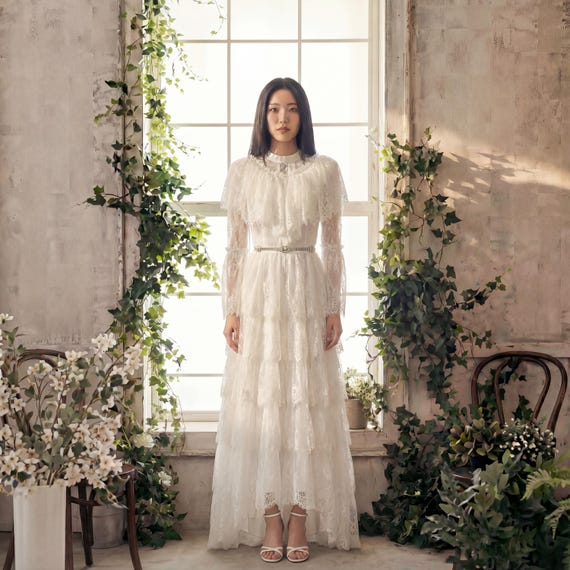 Vintage Lace Midi Dress with Long Sleeves | Romantic Cottagecore Outfit | Elegant Classic Feminine Dress