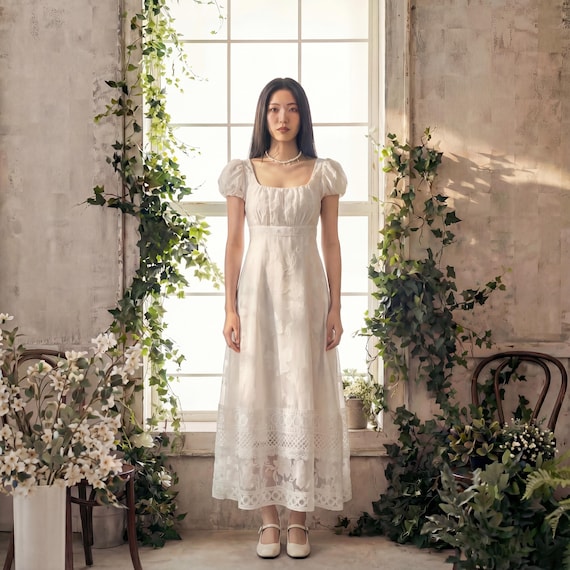 Vintage Inspired Lace Midi Dress with Puff Sleeves | Cottagecore Aesthetic Dress | Romantic Everyday Elegant Outfit