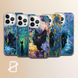 Cover per telefono con gatto nero e iris, ispirata a Van Gogh, per iPhone, Samsung, Pixel