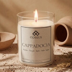 May include: A lit candle in a clear glass jar. The label reads "ODRIUS CAPPADOCIA" with scent descriptions. The candle sits on a textured surface, with a small bowl and pottery in the background.
