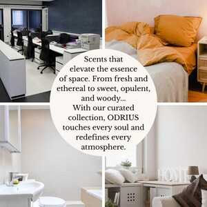 May include: A collage of interior scenes: an office, a bedroom with mustard-colored bedding, a bathroom, and a living room. Text reads: "Scents that elevate the essence of space... With our curated collection, ODRIUS..."