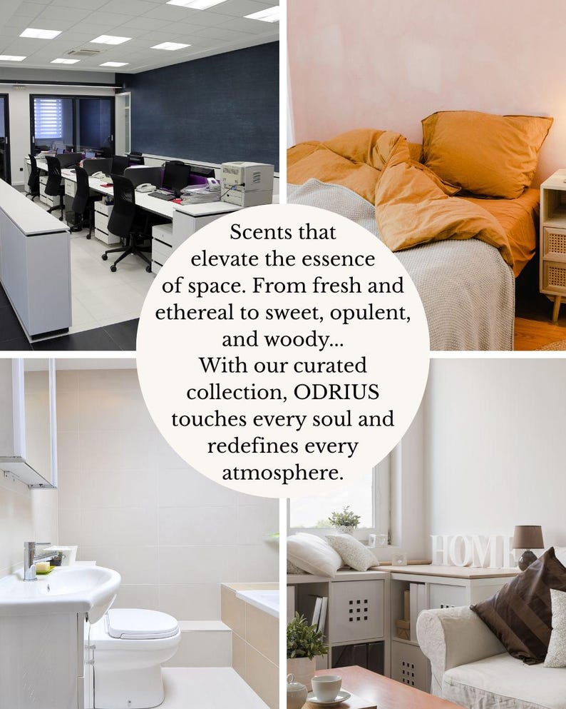 May include: A collage of interior scenes: an office, a bedroom with mustard-colored bedding, a bathroom, and a living room. Text reads: "Scents that elevate the essence of space... With our curated collection, ODRIUS..."