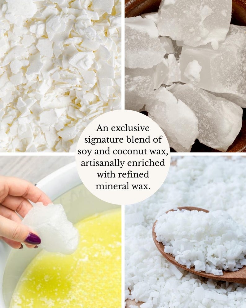 May include: A collage showcasing the ingredients for candle making. The image features close-ups of white soy and coconut wax flakes, chunks, and granules. The text reads: "An exclusive signature blend of soy and coconut wax, artisanally enriched with refined mineral wax."