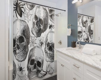 Skull & Spiderweb Pattern Shower Curtain - Spooky Bathroom Decor, Halloween Home Accents, Gothic Style, Skull Print, Unique Gift for Horror