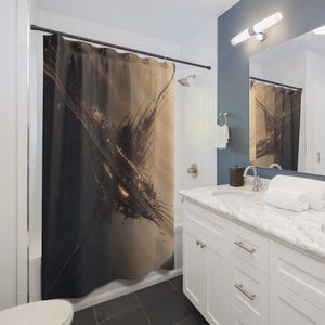 May include: Abstract shower curtain with a dark, textured design featuring shades of brown, beige, and black. The artwork has a dynamic, brushstroke-like quality, creating a modern and artistic aesthetic. The curtain hangs in a bathroom setting.