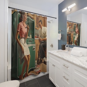 May include: A retro-style shower curtain featuring a vintage illustration of a woman in a pink top and white skirt, and a man in a white shirt. The scene depicts a kitchen with a washing machine and a dog. The curtain adds a touch of nostalgia to any bathroom.