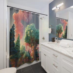 May include: A shower curtain featuring a colorful, pixelated forest scene with trees in shades of green, blue, and pink. The design evokes a digital art style, creating a unique and artistic bathroom decor element.