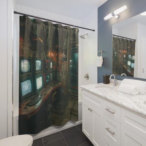 May include: Shower curtain featuring a digital art print of a control room with multiple computer monitors. The design has a dark, industrial aesthetic with a retro-futuristic vibe. The curtain is hung in a modern bathroom setting.
