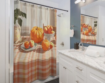 Gingham Kürbis Tischdecke Duschvorhänge | Herbst Dekoration, gemütliches Badezimmer, saisonale Wohnkultur, Ernte Vibes, Erntedank Dekoration
