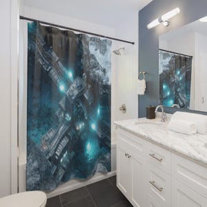 May include: A digitally rendered shower curtain featuring a futuristic cityscape with glowing teal lights. The design has a dark, moody aesthetic with a top-down perspective of buildings and structures. The curtain is hanging in a bathroom setting.