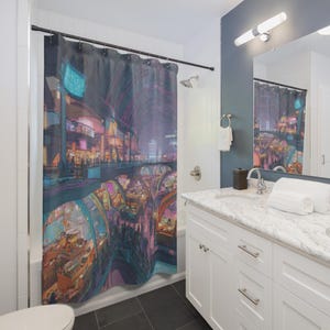 May include: Shower curtain featuring a vibrant, colorful illustration of a futuristic cityscape with neon lights and architectural details. The design incorporates shades of purple, blue, and orange, creating a dynamic and modern aesthetic. The curtain hangs in a bathroom setting.