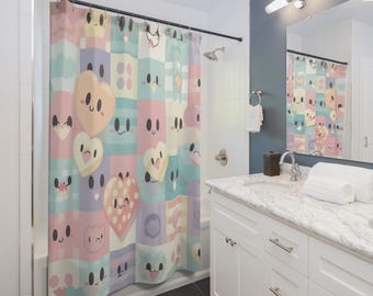Cortina de ducha Kawaii Grid Pop / Bonito estampado pastel con corazones sonrientes, regalo para parejas, accesorios para el hogar, ambiente acogedor, idea de regalo de Navidad