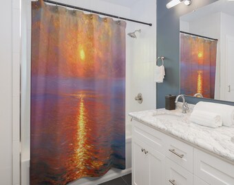 Cortina de ducha "Amanecer en el mar" / Impresionista, cálido brillo naranja, esencial para el baño, regalo para parejas, accesorio para el hogar, idea de regalo de Navidad