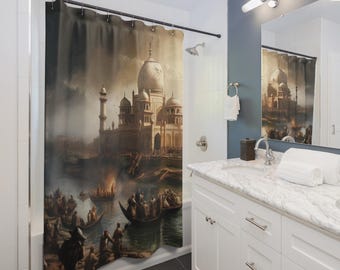 May include: A shower curtain featuring a detailed painting of a grand, white domed building with minarets, set against a backdrop of a river scene with boats and figures. The artwork has a vintage, sepia-toned aesthetic.