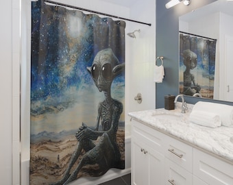 Life as an Alien Shower Curtain | Space Illustration, UFO Artwork, Bathroom Essential, Gift for Couples, Home Accessory, Christmas Gift Idea