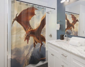 Dragons in Flight Shower Curtain | Flying Dragon Bathroom Decor, Gift for Couples, Home Accessories, Cozy Vibes, Christmas Gift Idea