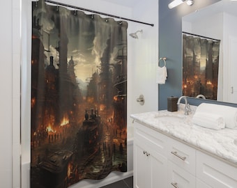 Industrial Revolution Shower Curtain | Moody Urban Factory Landscape, Gift for Couples, Home Accessories, Cozy Vibes, Christmas Gift Idea