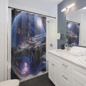 May include: A shower curtain featuring a digital art design of a futuristic city within a swirling blue and purple nebula. The artwork depicts a detailed cityscape with architectural structures, set against a backdrop of cosmic elements.