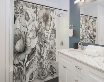 Ink Garden Scrolls Shower Curtain | Black White Flower Pattern, Bathroom Essential, Gift for Couples, Home Accessories, Christmas Gift Idea