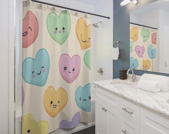 Cortina de ducha Kawaii Heart Trio, decoración alegre para el baño, regalo ideal para niños, accesorio divertido para el hogar, decoración original para la ducha, diseño con temática de amor