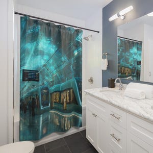 May include: A teal and blue shower curtain featuring a futuristic train scene. The design includes a train car with illuminated windows, a digital display, and a reflective floor. The curtain is hanging in a bathroom with white cabinets and a marble countertop.