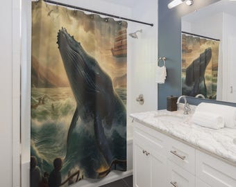 Whale Watching Shower Curtain | Nautical Ocean Scene, Vintage Ship, Gift for Couples, Home Accessories, Cozy Vibes, Christmas Gift Idea