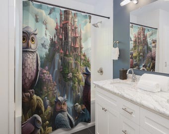 Rideau de douche Owl Kingdom | Illustration de hibou des bois, décoration fantaisiste, cadeau pour couple, accessoires de maison, ambiance cosy, idée cadeau de Noël