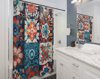 May include: A colorful shower curtain with a patchwork design. The curtain features a repeating pattern of floral motifs in shades of blue, orange, and white. The design is reminiscent of decorative tiles, adding a vibrant touch to the bathroom.