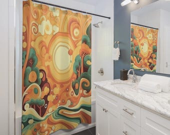 Rideau de douche de la collection Joyful Surreal | Surréalisme abstrait coloré, cadeau pour couple, accessoires de maison, ambiance cosy, idée cadeau de Noël