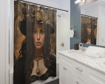 Steampunk Shower Curtain | Victorian Gears Portrait, Gift for Couples, Home Accessories, Cozy Vibes, Christmas Gift Idea