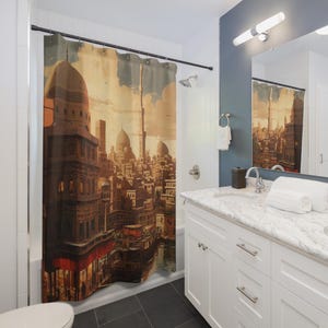 May include: A shower curtain featuring a vintage-style illustration of a Middle Eastern city with domes and minarets. The artwork is in warm tones of brown, beige, and orange, creating a nostalgic feel. The curtain is hanging in a bathroom setting.