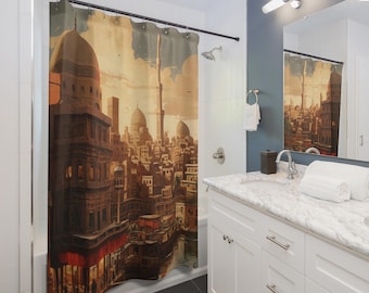 May include: A shower curtain featuring a vintage-style illustration of a Middle Eastern city with domes and minarets. The artwork is in warm tones of brown, beige, and orange, creating a nostalgic feel. The curtain is hanging in a bathroom setting.