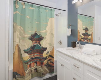 South Korea Landmarks Shower Curtain | Temple Landscape, Serene Clouds, Gift for Couples, Home Accessories, Cozy Vibes, Christmas Gift Idea