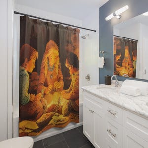May include: A shower curtain featuring a warm-toned illustration of three figures gathered around a central light source. The artwork depicts individuals in detailed clothing, creating a cozy and inviting atmosphere. The curtain adds a unique artistic touch to any bathroom.