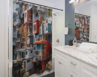 South Korea Architecture Shower Curtain | Architectural Urban Art, Gift for Couples, Home Accessories, Cozy Vibes, Christmas Gift Idea