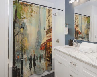 May include: Shower curtain featuring an impressionistic painting of a Parisian street scene. The artwork depicts the Eiffel Tower, a street lamp, and figures walking along a wet street. The color palette includes muted greens, yellows, and browns.