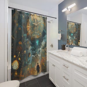 Puede incluir: Cortina de ducha con un diseño de paisaje urbano surrealista, con grandes relojes y una silueta. La obra de arte utiliza una paleta de azules, naranjas y dorados, creando una atmósfera futurista y onírica. La cortina está en un baño.