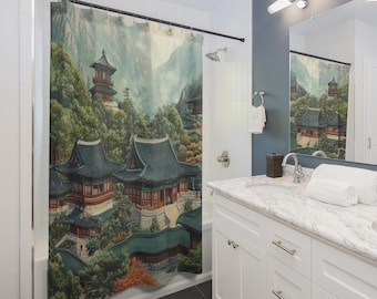 Korean Temples Shower Curtain | Mountain Pagoda Botanical Scene, Gift for Couples, Home Accessories, Cozy Vibes, Christmas Gift Idea