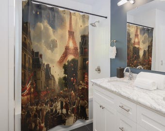May include: Shower curtain featuring a vintage painting of a Parisian street scene with the Eiffel Tower. The artwork depicts a crowd of people, buildings, and balloons in a warm color palette. The curtain is hung in a bathroom with white cabinets and a marble countertop.