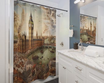 United Kingdom History Shower Curtain | Steampunk Cityscape, Gift for Couples, Home Accessories, Cozy Vibes, Christmas Gift Idea