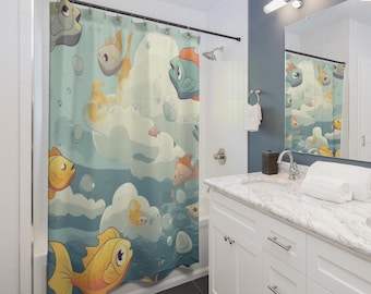 Flying Fish Skies Shower Curtain | Cute Ocean Bubble Bathroom Decor, Gift for Couples, Home Accessories, Cozy Vibes, Christmas Gift Idea