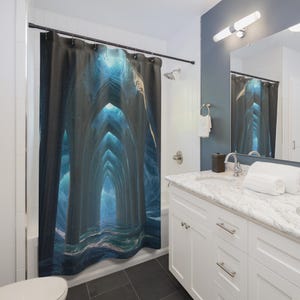 May include: A shower curtain featuring a digital art print of a blue and gray arched cavern. The design creates an illusion of depth, with light emanating from the end of the tunnel. The curtain is hung in a bathroom setting with white cabinets and a marble countertop.