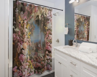 Floral Architecture Shower Curtain | Pink Rose Garden Bathroom Décor, Gift for Couples, Home Accessories, Cozy Vibes, Christmas Gift Idea