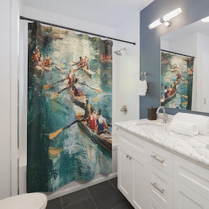 May include: Shower curtain featuring an impressionistic painting of rowboats on a river. The artwork depicts several boats with people rowing, rendered in shades of blue, green, and orange. The curtain adds an artistic touch to any bathroom.