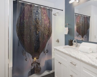Steampunk Sky Voyager Shower Curtain | Steampunk Airship Bathroom Decor, Gift for Couples, Home Accessories, Cozy Vibes, Christmas Gift Idea