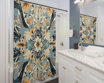 Cortina de ducha con diseño floral Axis Merge, con estampado botánico azul y naranja, ideal para parejas, accesorios para el hogar, ambiente acogedor, ideal para regalo de Navidad.