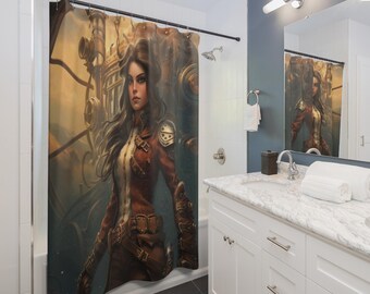 Steampunk Adventures Shower Curtain | Vintage Airship Portrait, Gift for Couples, Home Accessories, Cozy Vibes, Christmas Gift Idea