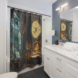 May include: Shower curtain featuring a detailed illustration of a steampunk-style room with clocks, gears, and a desk. The design includes a large clock face, a window, and warm lighting, creating a vintage aesthetic. The curtain is hung in a bathroom setting.